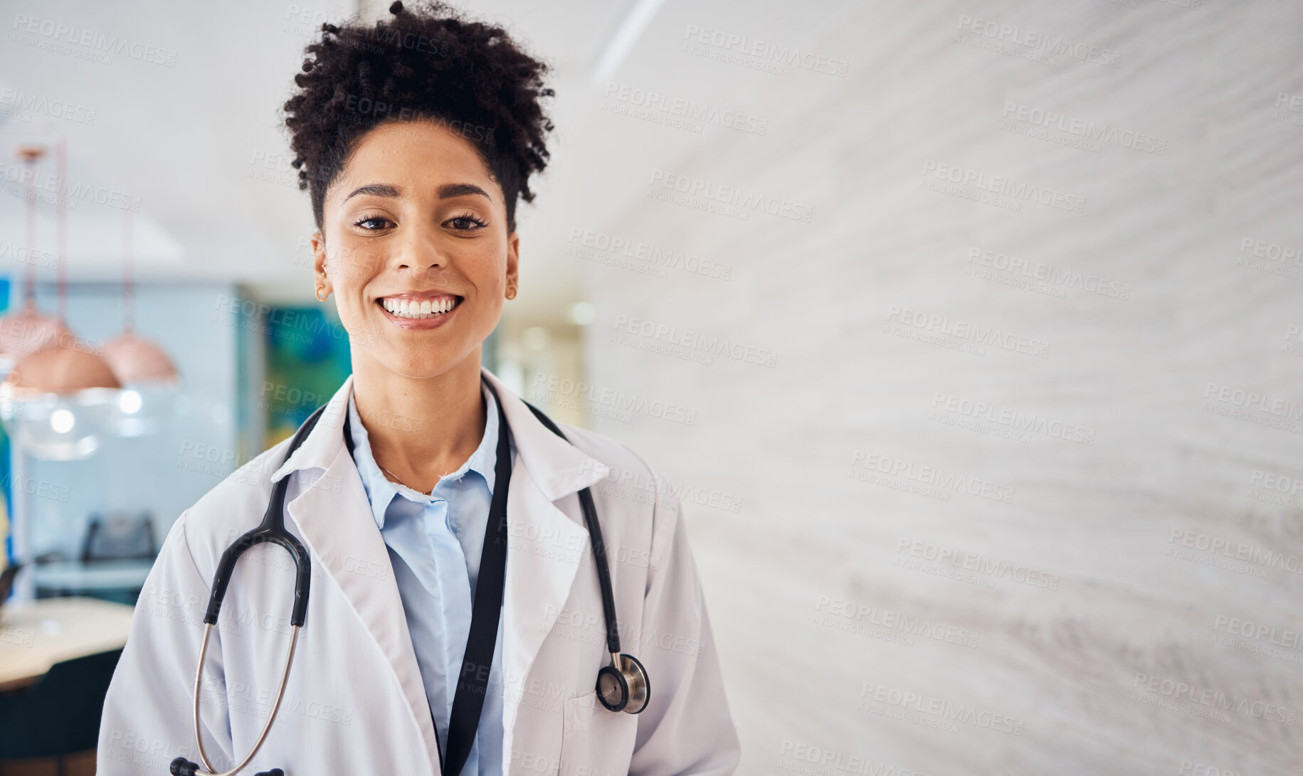 Buy stock photo Portrait of black woman doctor with smile, mockup and confidence, leader in African medicine and treatment. Happy medical professional, trust and help, professional healthcare consultant in hospital.