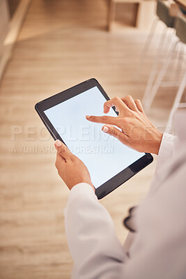 Buy stock photo Tablet mockup, screen and hands of doctor online for medical research, results or healthcare database. Person hand to scroll website, search or space for consultation mobile app or health insurance