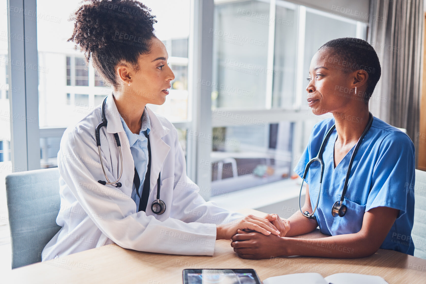 Buy stock photo Doctors, mental health and mentor support intern, depression and in hospital with stress. Female employees, women and medical professionals with burnout, overworked and depressed in clinic and sad