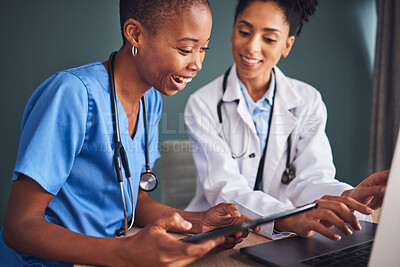 Buy stock photo Tablet, black people or doctors planning surgery and in conversation about medical news or tests results in hospital. Teamwork, laptop or African nurses speaking of healthcare report or web research 