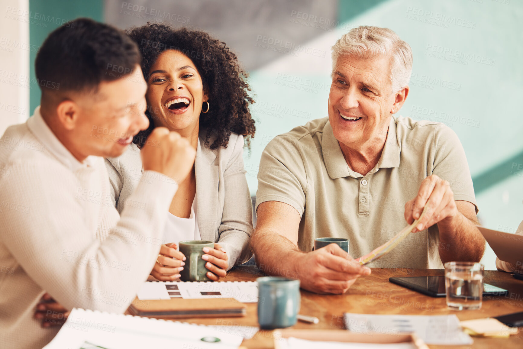 Buy stock photo Team, laugh and funny business people in a meeting in a boardroom or office laughing in diversity and talking. Meeting, joke and colleagues or group of employees on a break and rest at workplace