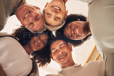 Buy stock photo Happy portrait, diversity face and business people smile for startup growth, company solidarity or office collaboration. Corporate group, teamwork and below view of design team with community support