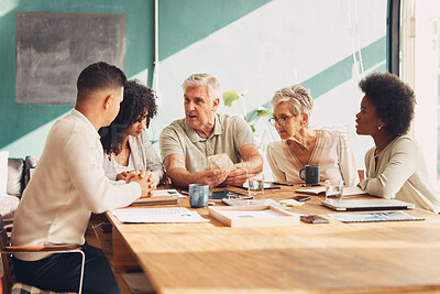 Buy stock photo Strategy meeting, diversity and manager communication, discussion or conversation about design idea. Planning collaboration, teamwork and business people working, consulting or talking about project