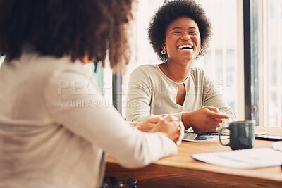 Buy stock photo Coffee shop, meeting and black women laughing for funny conversation, b2b networking and business planning together. Happy african people or friends in restaurant or cafe for remote work and talking