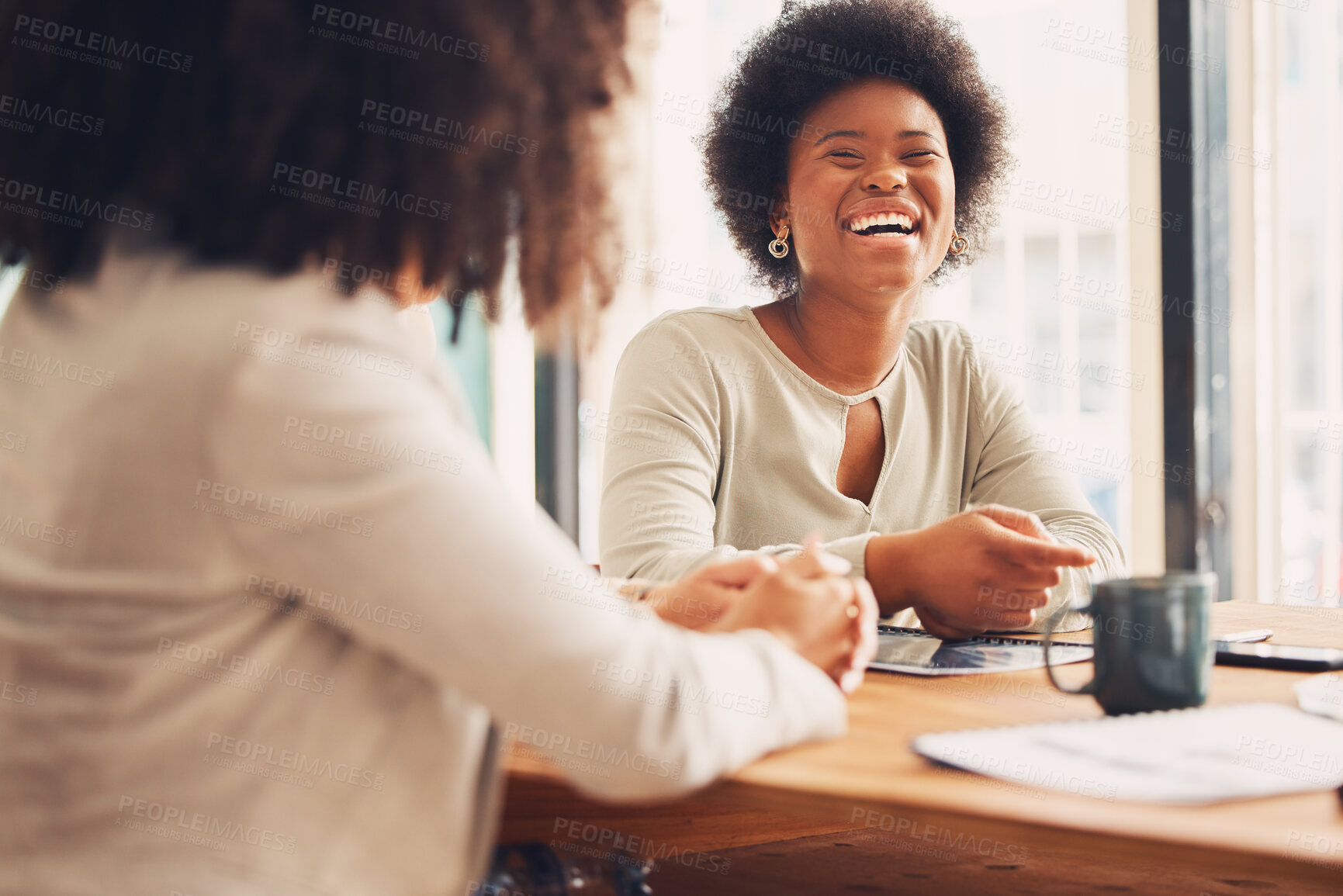 Buy stock photo Coffee shop, meeting and black women laughing for funny conversation, b2b networking and business planning together. Happy african people or friends in restaurant or cafe for remote work and talking