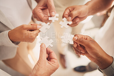 Buy stock photo Team collaboration hands, teamwork and puzzle piece showing office community and innovation. Diversity, partnership and project management staff doing work productivity and business development