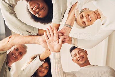 Buy stock photo Happy business people, portrait or hands stack for company diversity, solidarity or startup collaboration. Corporate group, mission teamwork or below view of staff team building for community support