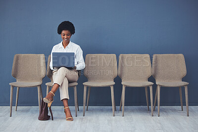 Buy stock photo Black woman, laptop and waiting for interview on chair with smile, focus and excited for opportunity. Young african businesswoman, recruitment and mockup with computer with typing, research and goal