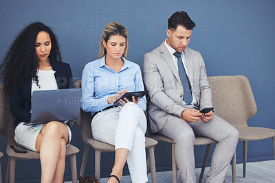 Buy stock photo Human resources, technology and business people waiting in line for an interview during the recruitment process. Resume, diversity or hiring with a man and woman employee group sitting in an hr line