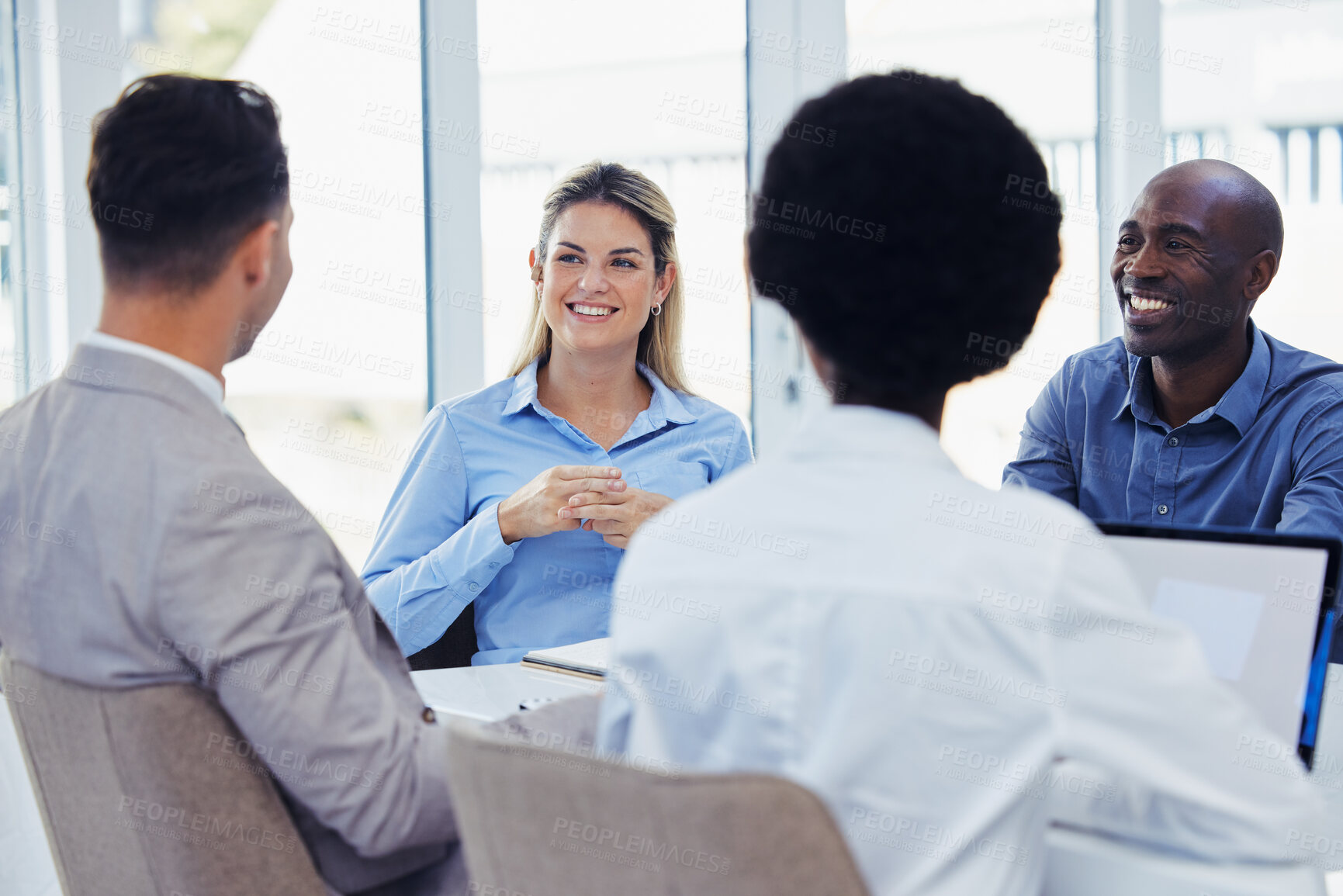 Buy stock photo Business people, meeting and happy, diversity and teamwork in office for creative brainstorming. Workforce, team and group excited for startup, company and online results, review or proposal plan