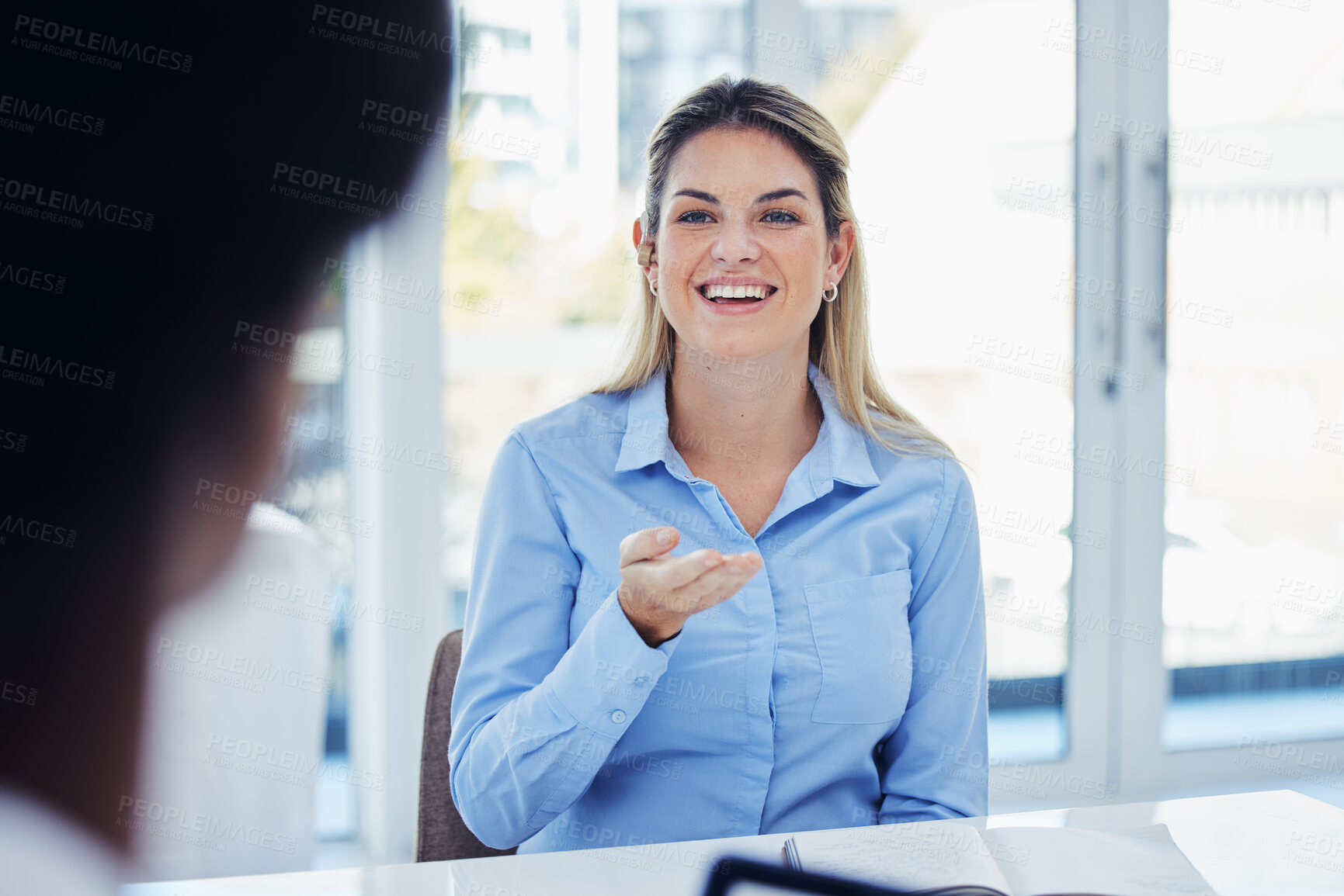 Buy stock photo Business, woman and meeting for planning, discussion and brainstorming for advertising campaign in workplace. Female employee, manager and team share ideas, happiness and questions for new project