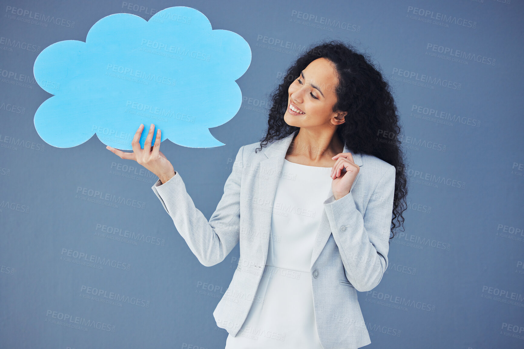 Buy stock photo Speech bubble, thought and comment icon by businesswoman thinking with mockup, product placement. Vote, opinion and corporate employee with smile and happy isolated in studio blue background 