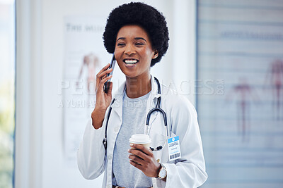 Buy stock photo Woman, phone call and doctor in hospital talking on coffee break for healthcare, advice or consultation. Medical professional with smartphone for communication, conversation and telehealth contact