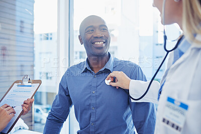 Buy stock photo Cardiology doctor, patient and checkup of people in healthcare consultation, listening to heart and hospital care. Black man and cardiologist woman or medical professional consulting with stethoscope