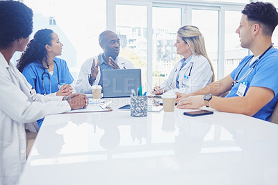 Buy stock photo Healthcare, teamwork and black man in meeting, doctors and conversation for training, research and improvement. African American male, staff and team coaching, mentor and discussion for procedure