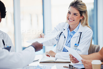 Buy stock photo Healthcare, doctors and woman with smile, documents and meeting for planning, admin and conversation. Medical professional, female employee and coworkers with forms, feedback and reports in hospital