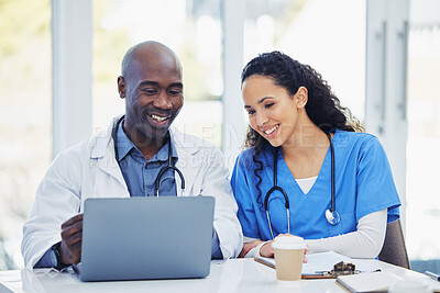 Buy stock photo Doctors, laptop and team at a hospital for planning, internet and search, teamwork and innovation. Healthcare, people and medical research, collaboration and creative problem solving for online app