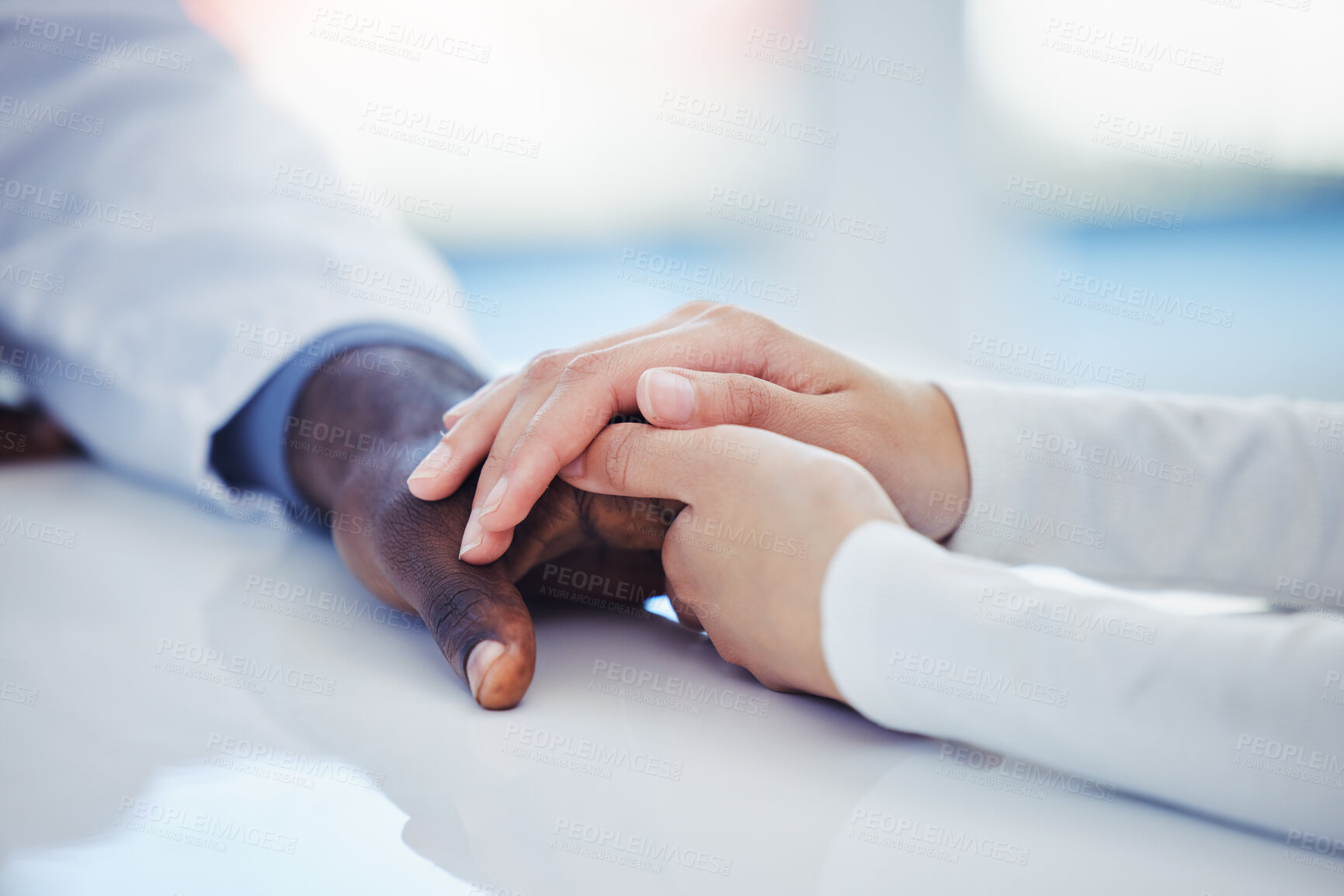 Buy stock photo Hands, healthcare or comfort with a doctor and patient in a hospital during an appointment or checkup. Medical, support and trust with a medicine professional showing empathy while consulting