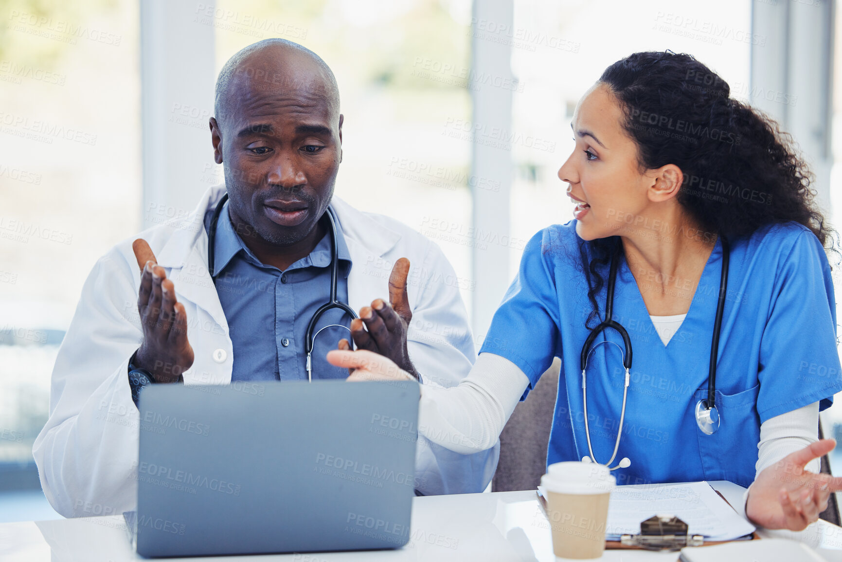 Buy stock photo Healthcare, crisis and doctors argue, stress or panic on laptop, calendar or surgery schedule fail at hospital. Clinic, chaos and black woman angry, frustrated and shout at colleague online mistake