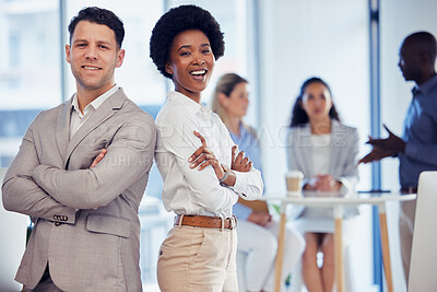 Buy stock photo Business man, black woman and arms crossed in partnership portrait for motivation, teamwork and smile. Happy businessman, corporate leadership and team building with diversity, support and solidarity