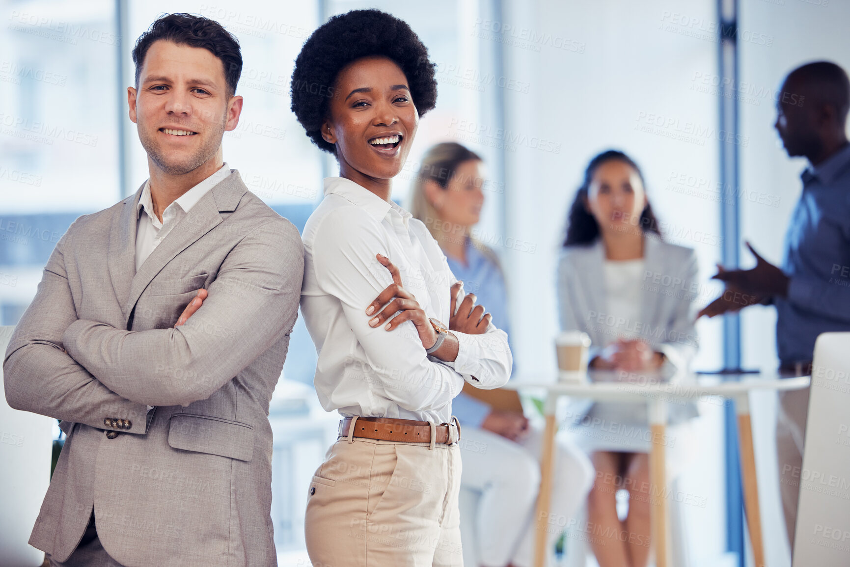 Buy stock photo Business man, black woman and arms crossed in partnership portrait for motivation, teamwork and smile. Happy businessman, corporate leadership and team building with diversity, support and solidarity