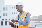 Engineering, tablet and search with black man in city for construction, building and architecture. Maintenance, inspection and technology with employee for contractor, digital and project management