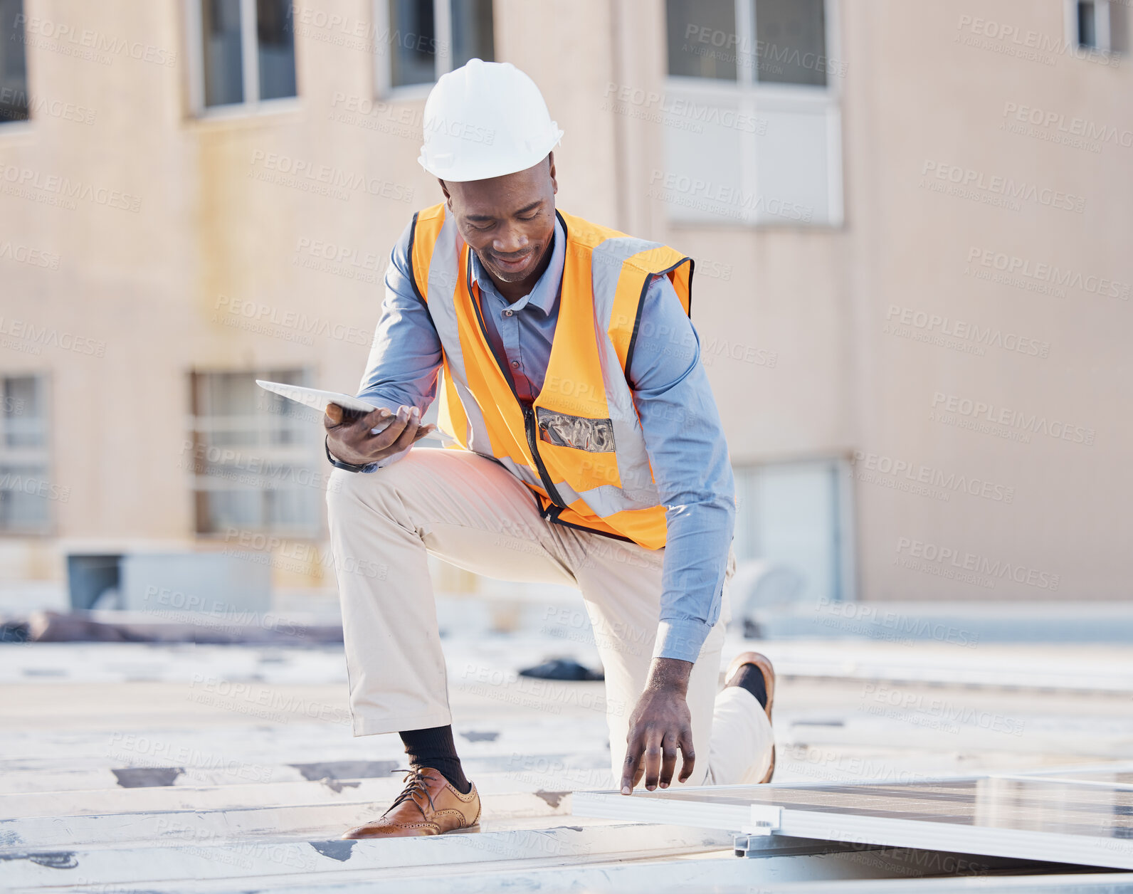 Buy stock photo Black man, engineer tablet and solar panel grid installation of construction worker technician outdoor. Businessman, renewable energy and industrial eco friendly panels of maintenance employee 