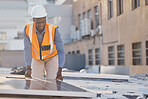 Black man working, engineer and solar panel electrician with sustainable installation outdoor. Businessman, renewable energy and industrial eco friendly panels of maintenance employee and handyman