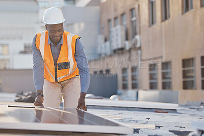 Buy stock photo Black man working, engineer and solar panel electrician with sustainable installation outdoor. Businessman, renewable energy and industrial eco friendly panels of maintenance employee and handyman