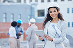 Architecture, tablet and portrait with black woman in city for construction blueprint, building or engineering. Maintenance, inspection and technology with employee for contractor, digital or project