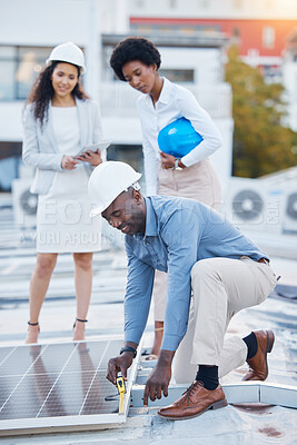 Buy stock photo Black man, engineer team and solar panel with construction worker technician outdoor. Businessman, renewable energy staff and industrial eco friendly panels of maintenance employee and handyman