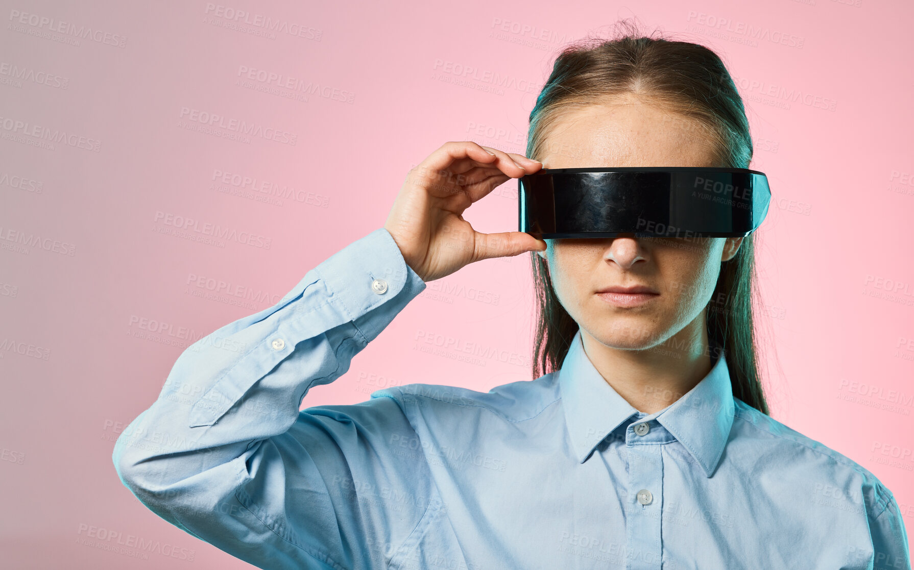 Buy stock photo Virtual reality glasses, metaverse and futuristic tech with young woman on pink background, AI and cyberpunk. Gen z, VR goggles and video game with gamer, cyber space and scifi in the digital world