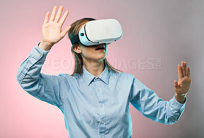 Buy stock photo Virtual reality headset, metaverse and futuristic tech, young woman on pink background, AI and user experience. Gen z, VR goggles and video gaming with gamer, cyber space and scifi in digital world