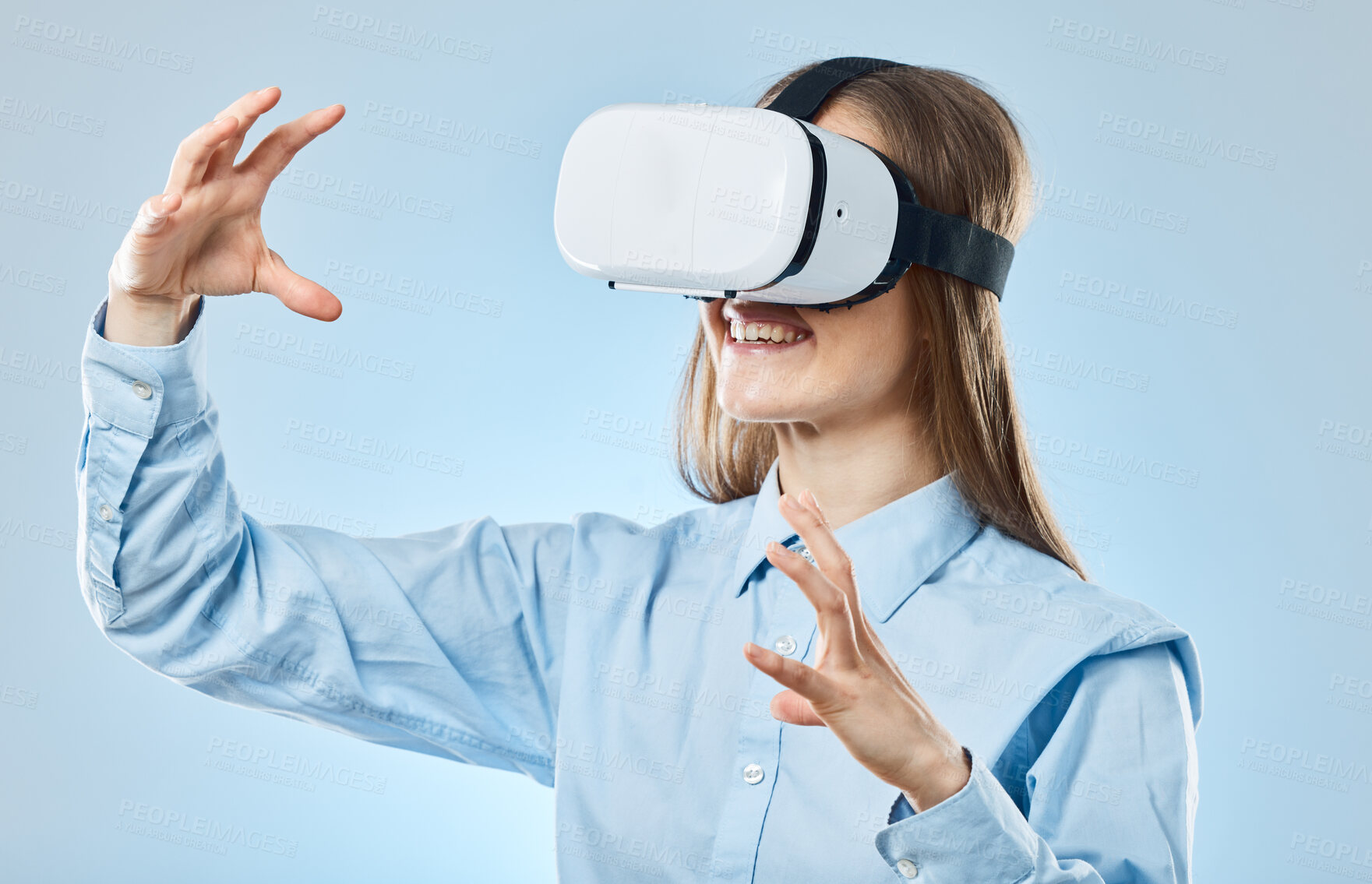 Buy stock photo Business, futuristic and woman with virtual reality glasses, metaverse and online learning against a blue studio background. Female employee, entrepreneur and lady with vr, futuristic and innovation