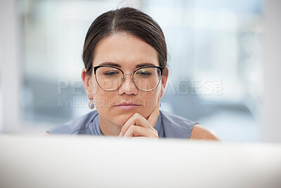 Buy stock photo Thinking, laptop and serious business woman in office, planning and online with vision or idea. Contemplating, corporate and lady employee research creative startup ideas for career, goal and agency