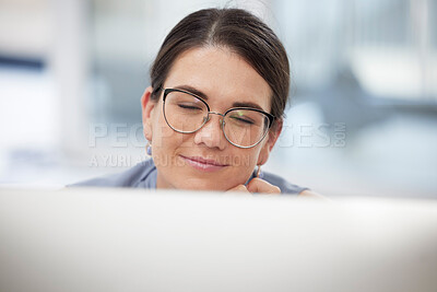 Buy stock photo Happy, laptop and business woman thinking, planning and online in office with vision or idea. Contemplating, corporate and lady employee researching creative startup ideas for career, goal and agency