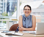 Business woman, office portrait and happy with excited face, happiness and success at corporate finance job. Executive, desk and motivation with smile for goals, accounting career or company mission
