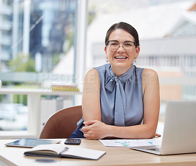Buy stock photo Business woman, office portrait and happy with excited face, happiness and success at corporate finance job. Executive, desk and motivation with smile for goals, accounting career or company mission