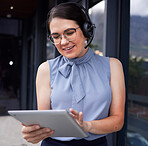 Tablet, customer support and service with a business woman doing a search on the internet to help a client. Research, contact and data with a female employee consulting using a headset in her office