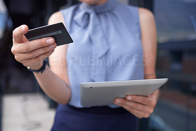 Buy stock photo Businesswoman, hands and tablet with credit card for ecommerce, online shopping or banking outdoors. Hand of female holding touchscreen with 5G connection for internet purchase or app transaction