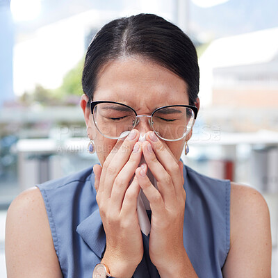 Buy stock photo Business, flu and woman with tissue, sneeze and worker with health, wellness and illness in workplace. Female employee, manager and leader with toilet paper, allergy and disease in modern office