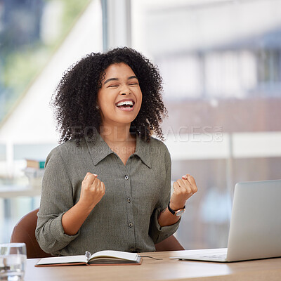 Buy stock photo Success, laptop and black woman celebrating in office, happy and excited for bonus target. Good news, email and corporate girl with winning results, achievement or project goal and victory in startup