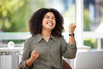 Laptop, success and black woman celebrating in office, happy and excited against blurred background. Good news, email and girl corporate employee celebrating proposal, achievement or goal victory