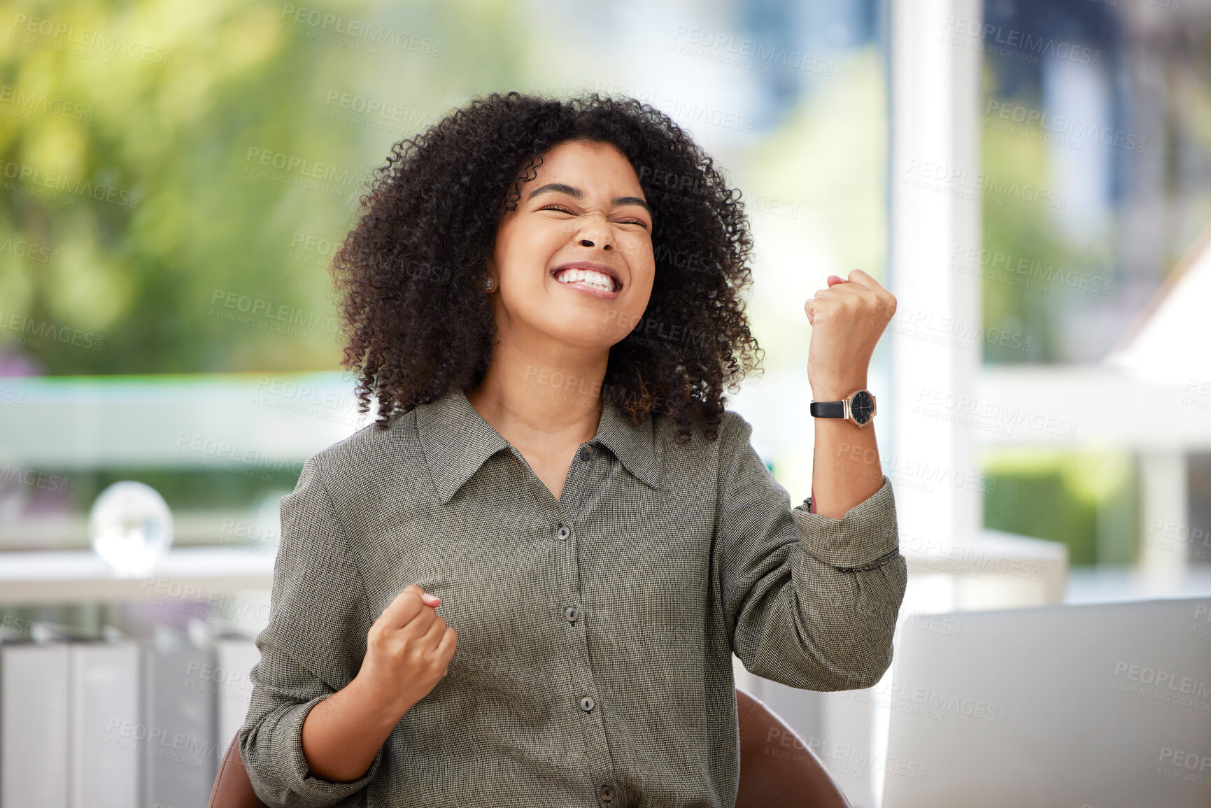Buy stock photo Laptop, success and black woman celebrating in office, happy and excited against blurred background. Good news, email and girl corporate employee celebrating proposal, achievement or goal victory