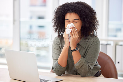 Buy stock photo Sick, laptop and blowing nose with black woman in office for virus, illness and allergy symptoms. Disease, tissue and sneeze with employee suffering at desk with condition, flu and cold infection