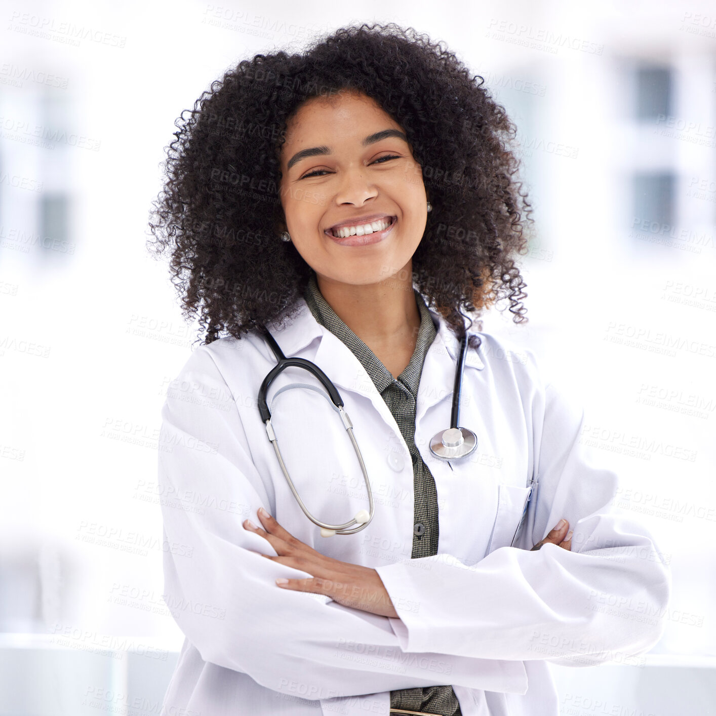 Buy stock photo Doctor, black woman and smile portrait for healthcare with life insurance in hospital for wellness. Face of happy medical professional with arms crossed with pride for career, motivation and medicine