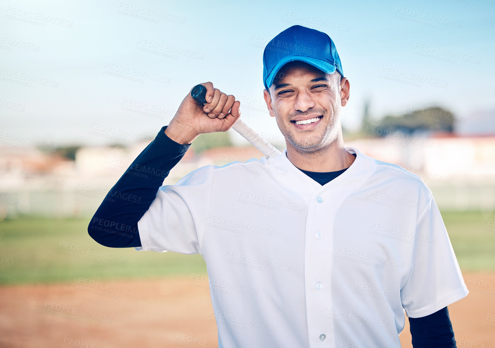 Buy stock photo Sports, baseball and man with bat smile ready for playing game, practice and competition on field. Fitness, motivation and male athlete outdoors for exercise, training and workout for sport match