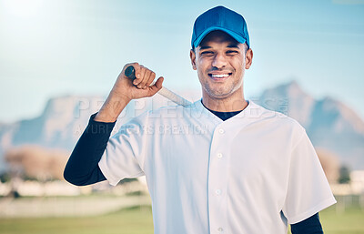 Buy stock photo Portrait, exercise and man training, baseball and outdoor for competition, smile and fitness for wellness. Face, male player or athlete on field, bat and happiness for match, confident and winning