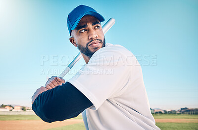 Sports, baseball and man with bat on field ready for hitting ball in game, practice and competition. Fitness, motivation and male athlete outdoors for exercise, training and workout for sport match
