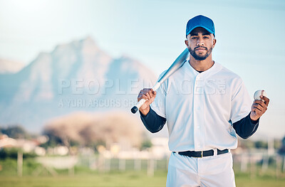 Buy stock photo Sports, baseball and portrait of man with bat on field ready for game, practice and competition mockup. Fitness, confident mindset and athlete outdoors for exercise, training and workout for match